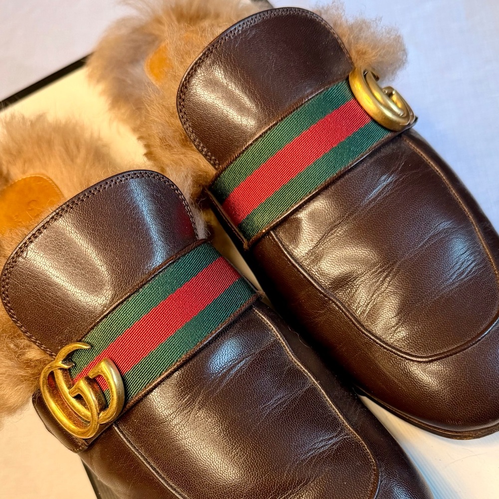 Gucci Princetown Dark Brown Leather Mules with GG Men’s Size 8 (EU 41).